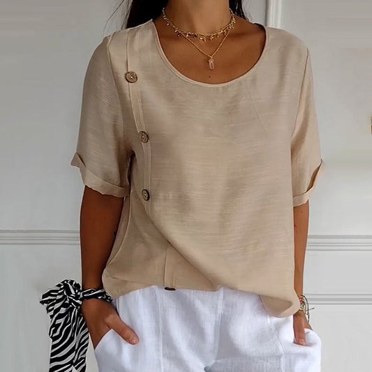 Women's Side Button Blouse with Round Neck and Short Sleeves