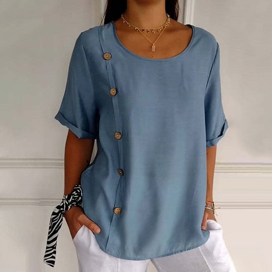 Women's Side Button Blouse with Round Neck and Short Sleeves
