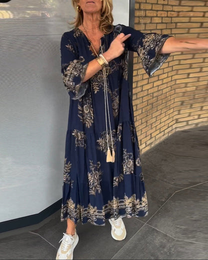 Vintage Loose V Neck Midi Dress for Women