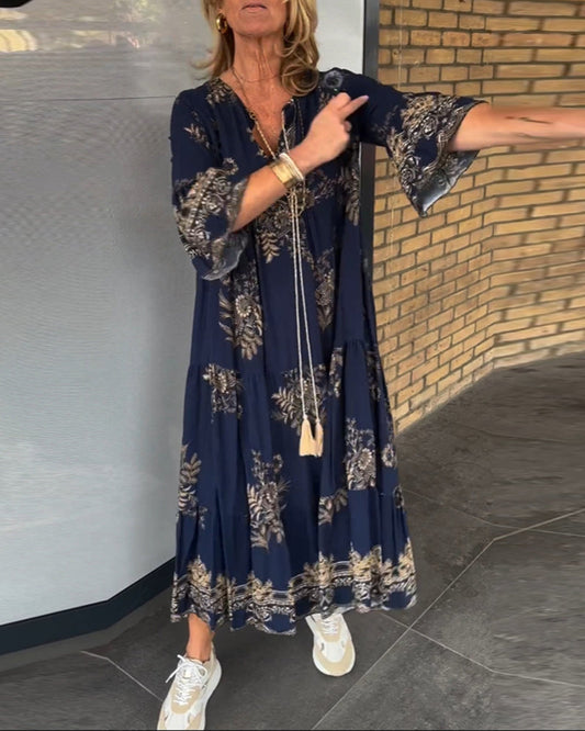 Vintage Loose V Neck Midi Dress for Women