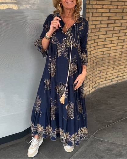 Vintage Loose V Neck Midi Dress for Women