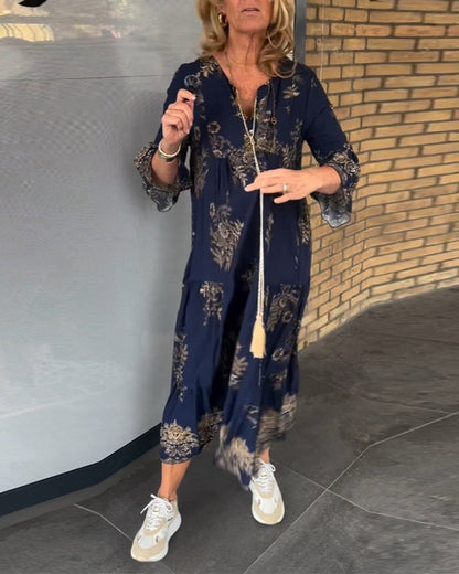 Vintage Loose V Neck Midi Dress for Women