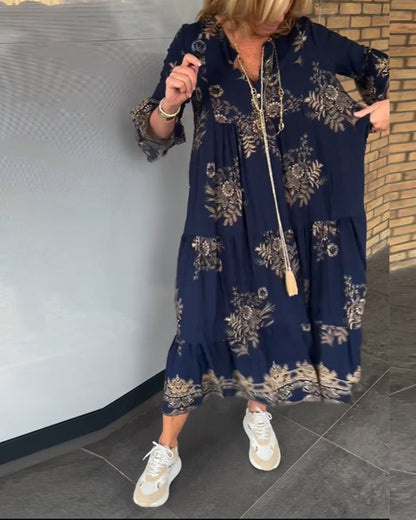Vintage Loose V Neck Midi Dress for Women
