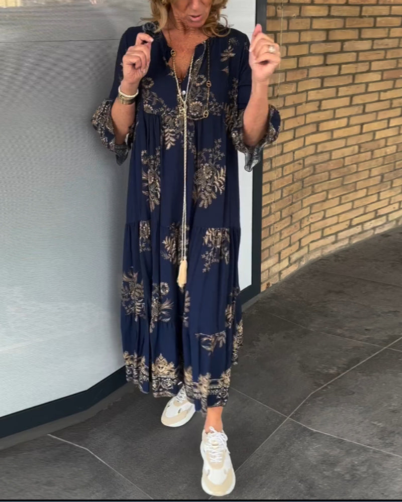 Vintage Loose V Neck Midi Dress for Women
