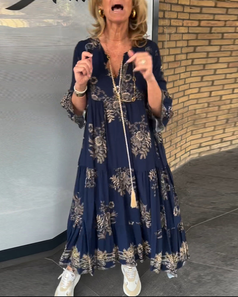 Vintage Loose V Neck Midi Dress for Women