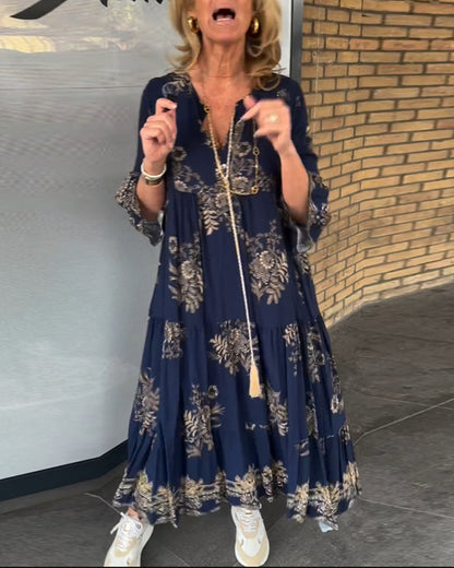 Vintage Loose V Neck Midi Dress for Women