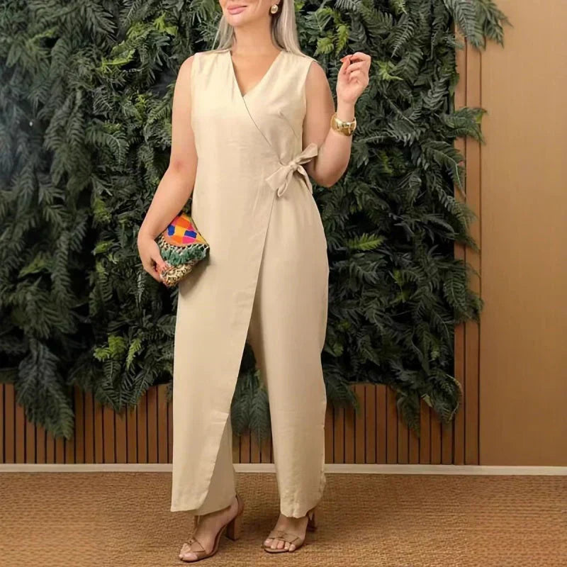 Women’s V Neck Wide Leg Jumpsuit with Tie Waist