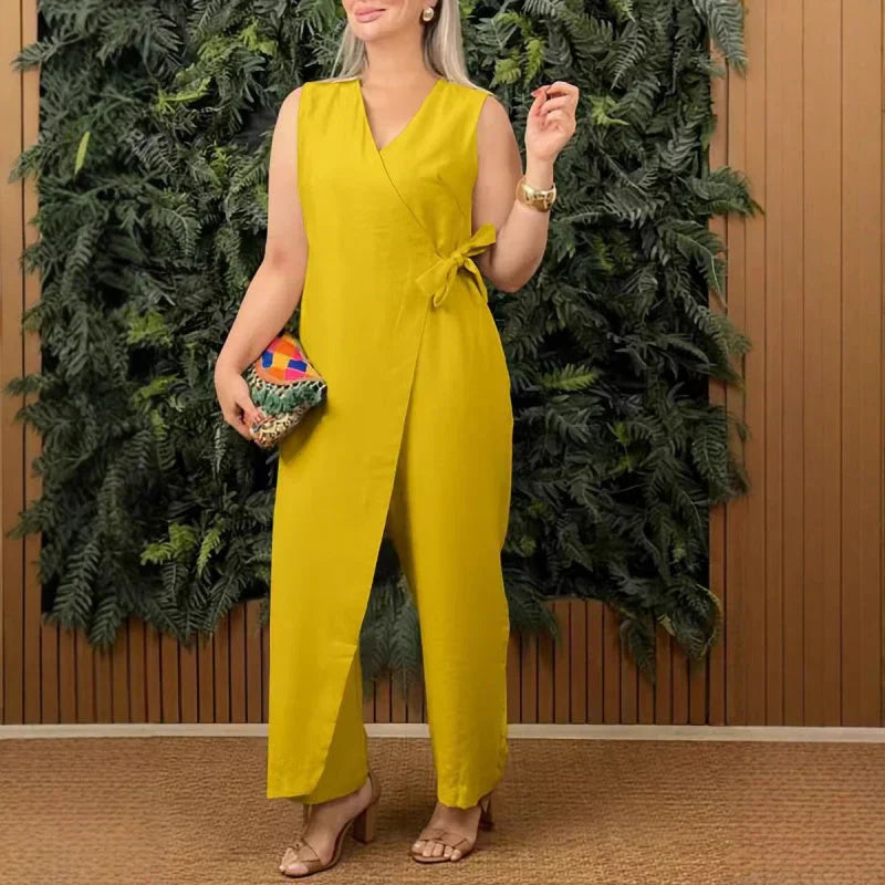 Women’s V Neck Wide Leg Jumpsuit with Tie Waist