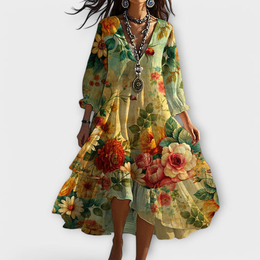 Women’s Vintage Boho Floral V Neck Relaxed Fit Midi Dress