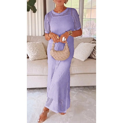 Women’s Sheer Knit Maxi Dress with Relaxed Fit and Short Sleeves