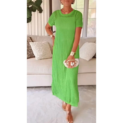 Women’s Sheer Knit Maxi Dress with Relaxed Fit and Short Sleeves