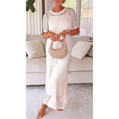 Women’s Sheer Knit Maxi Dress with Relaxed Fit and Short Sleeves