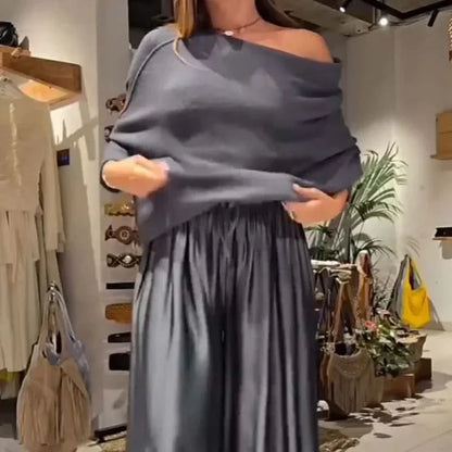 Women's Off Shoulder Pleated Jumpsuit – Elegant Wide Leg Evening Outfit