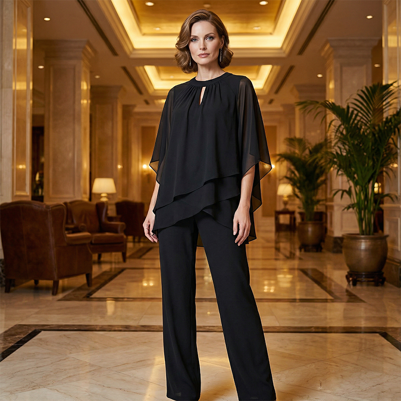 Women's Elegant Two Piece Set Chiffon Blouse and Wide Leg Pants Outfit