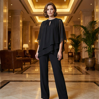 Women's Elegant Two Piece Set Chiffon Blouse and Wide Leg Pants Outfit