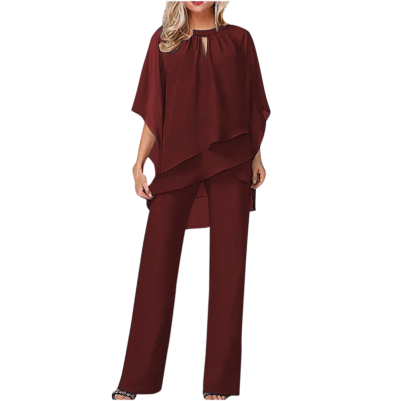 Women's Elegant Two Piece Set Chiffon Blouse and Wide Leg Pants Outfit