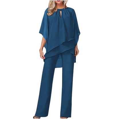 Women's Elegant Two Piece Set Chiffon Blouse and Wide Leg Pants Outfit