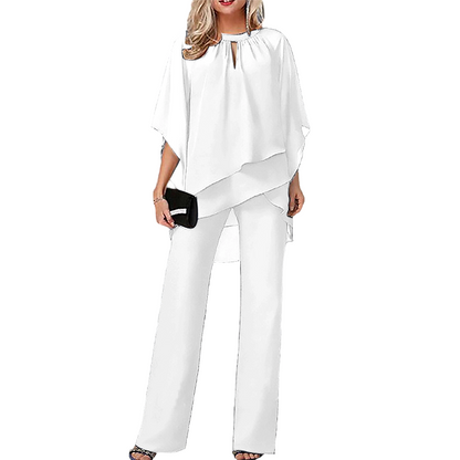Women's Elegant Two Piece Set Chiffon Blouse and Wide Leg Pants Outfit