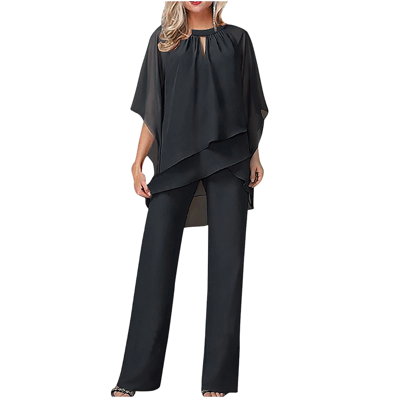Women's Elegant Two Piece Set Chiffon Blouse and Wide Leg Pants Outfit