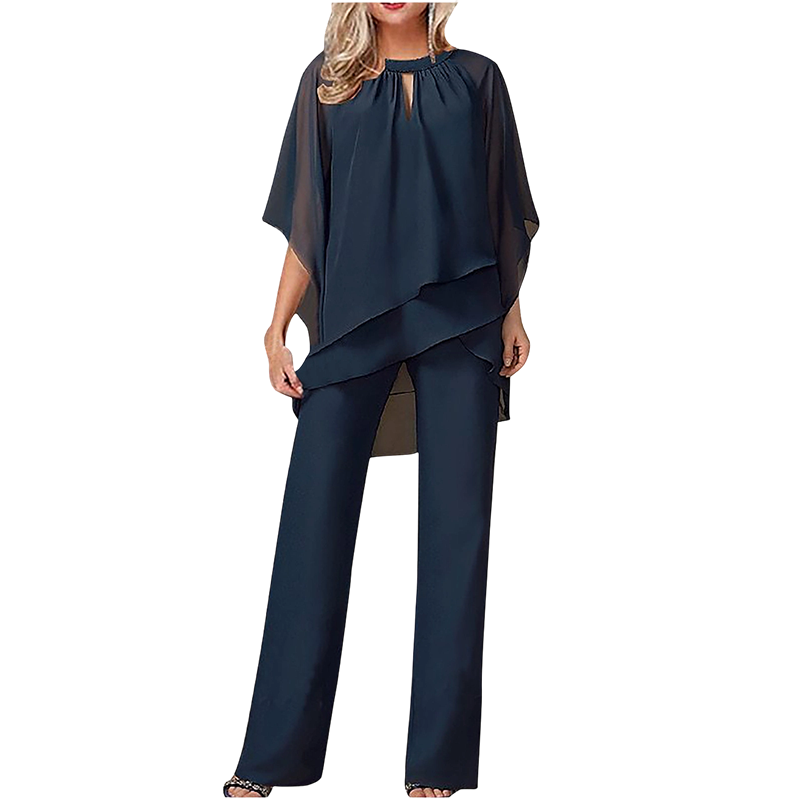Women's Elegant Two Piece Set Chiffon Blouse and Wide Leg Pants Outfit