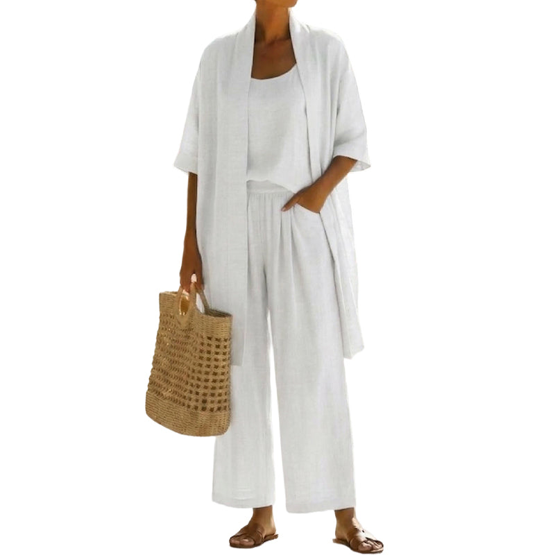 Women's 3 Piece Lounge Set Loose Fit Cardigan Tank Top and Wide Leg Pants