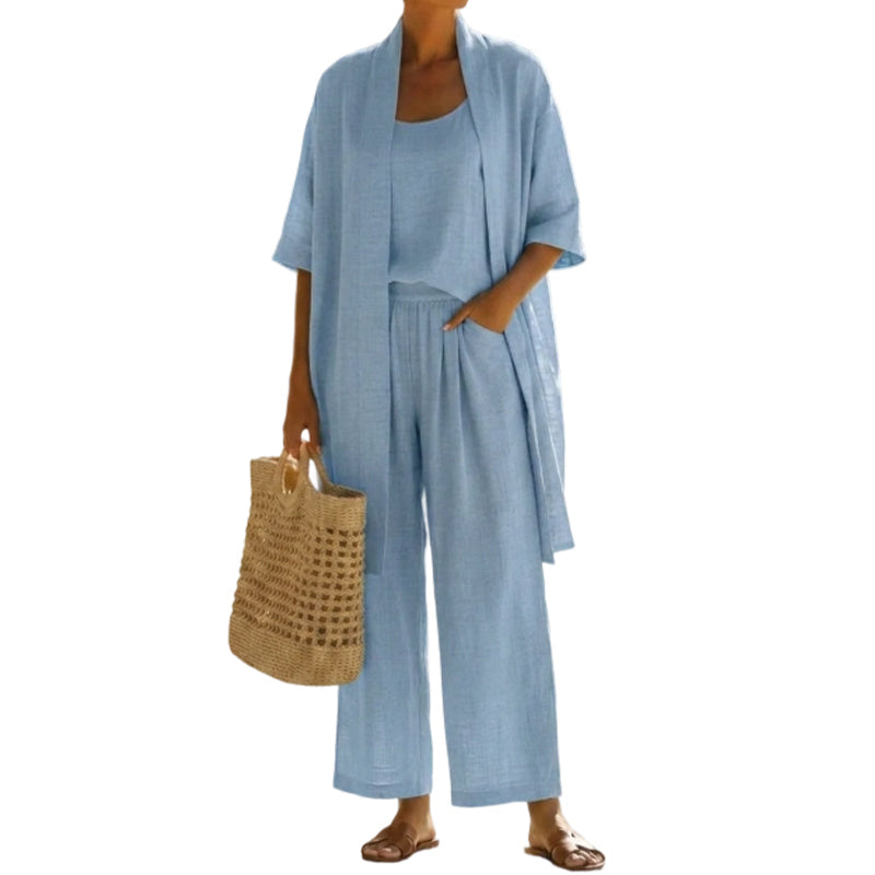 Women's 3 Piece Lounge Set Loose Fit Cardigan Tank Top and Wide Leg Pants