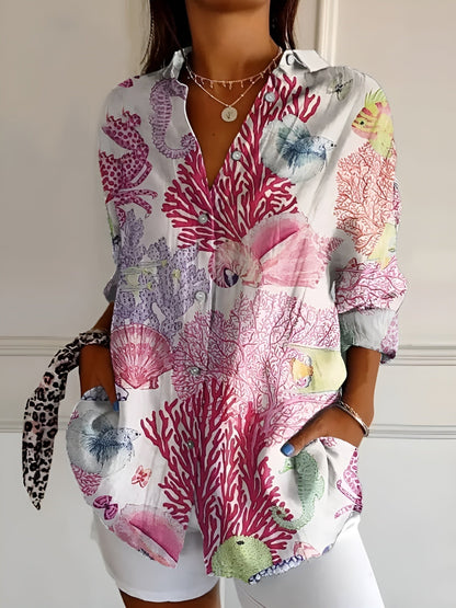 Women's Floral Button Shirt Relaxed Fit Lightweight Long Sleeve Casual Blouse