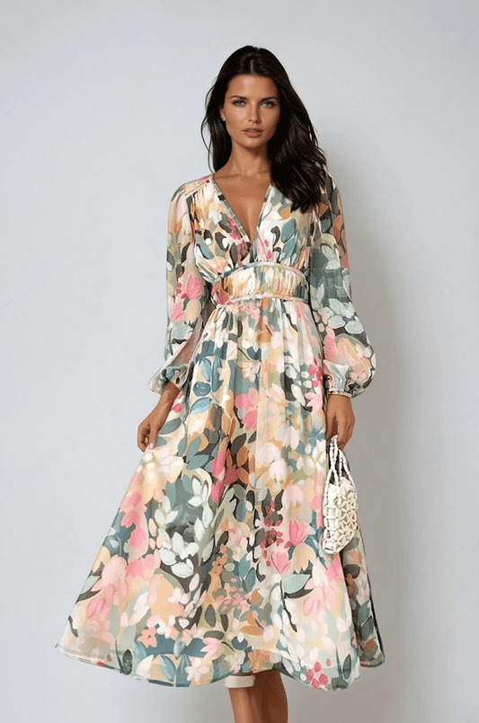 Women's Floral V-Neck Midi Dress with Long Sleeves