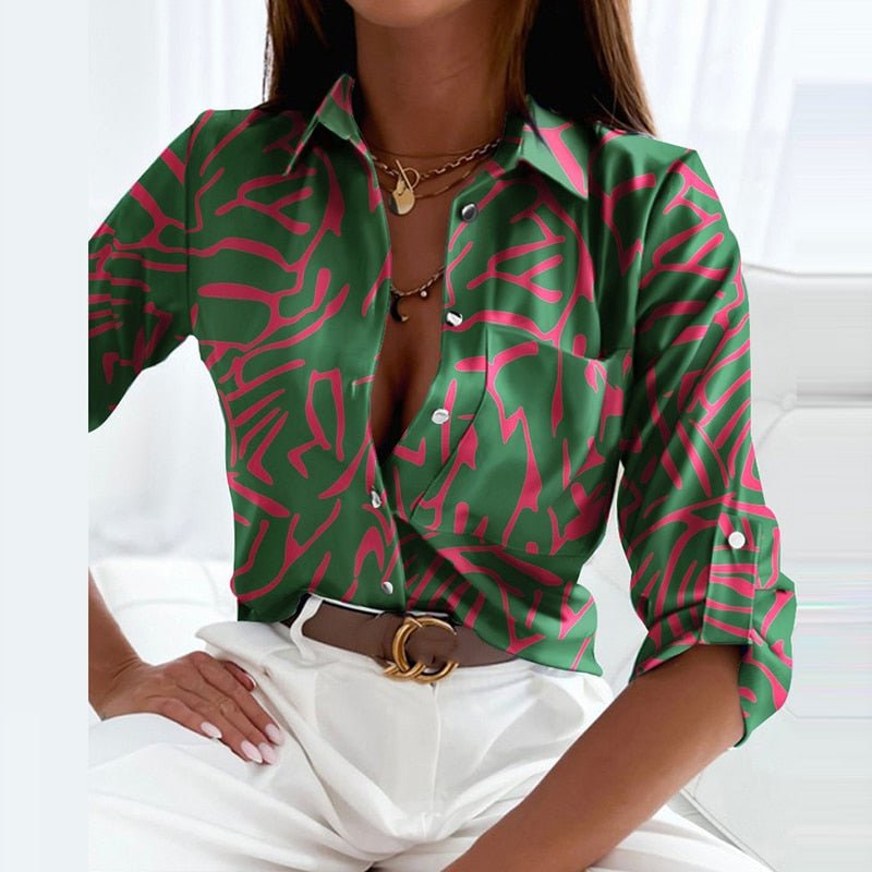 Women's Printed V-Neck Collared Blouse Relaxed Fit Lightweight Elegant Casual Top