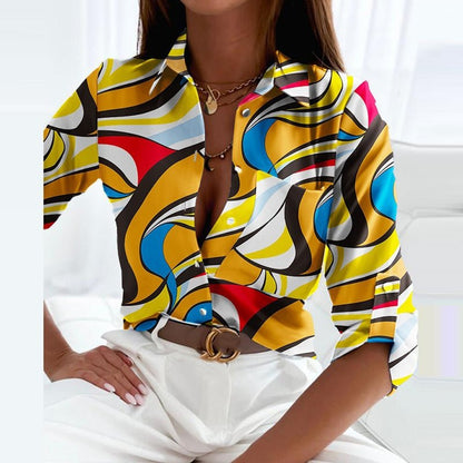 Women's Printed V-Neck Collared Blouse Relaxed Fit Lightweight Elegant Casual Top