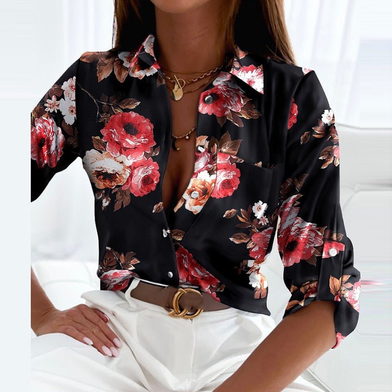 Women's Printed V-Neck Collared Blouse Relaxed Fit Lightweight Elegant Casual Top