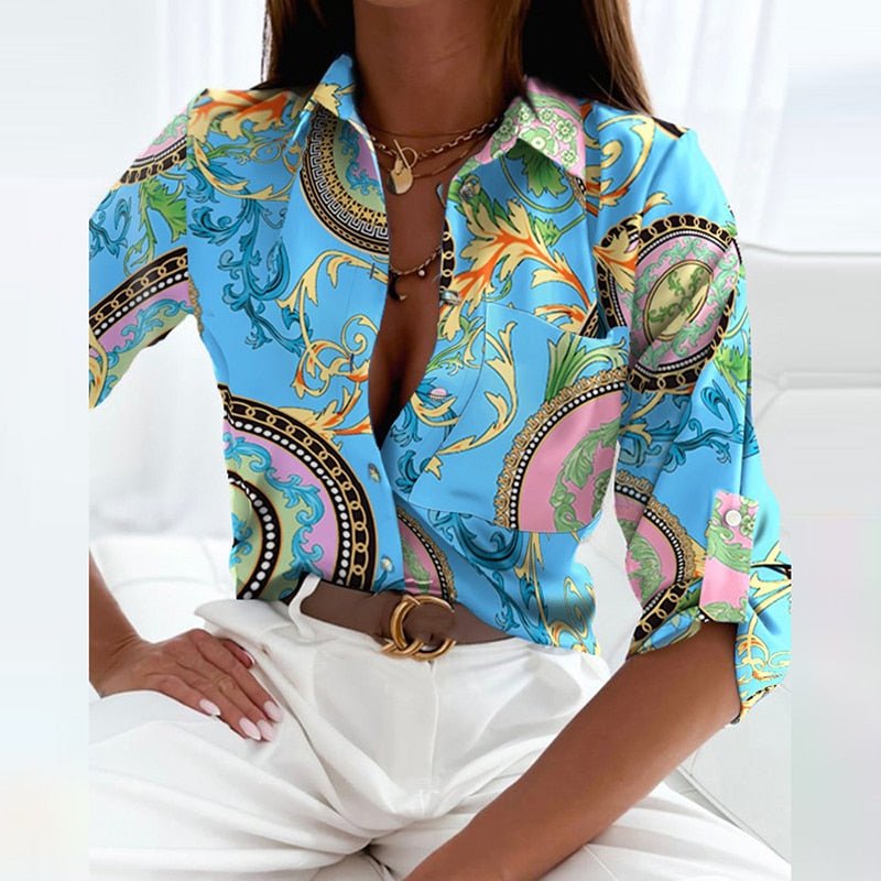 Women's Printed V-Neck Collared Blouse Relaxed Fit Lightweight Elegant Casual Top