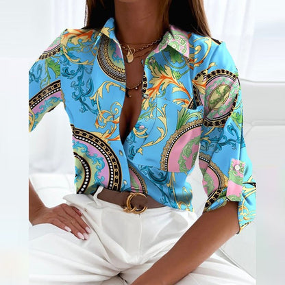 Women's Printed V-Neck Collared Blouse Relaxed Fit Lightweight Elegant Casual Top