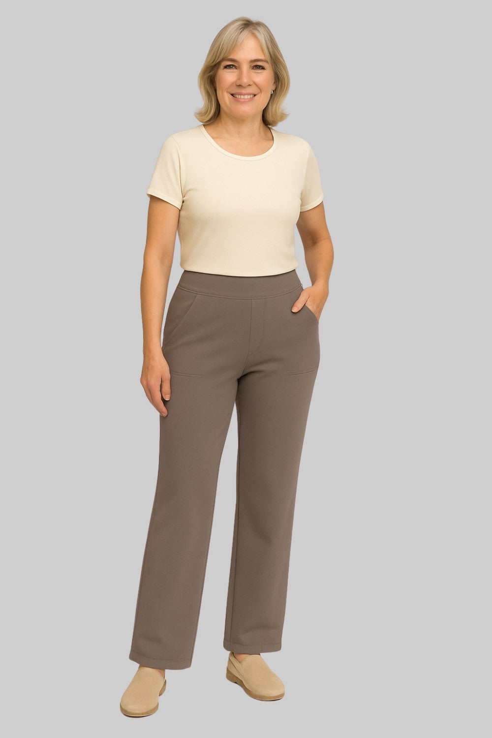 Women’s High Waist Straight Leg Pants with Smooth Waistband and Pockets