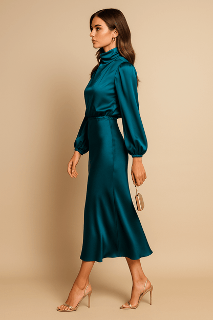 Women’s High Neck Midi Dress – Refined High-Waist Silhouette with Elegant Flow