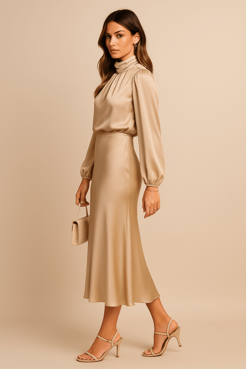 Women’s High Neck Midi Dress – Refined High-Waist Silhouette with Elegant Flow
