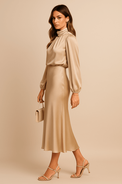 Women’s High Neck Midi Dress – Refined High-Waist Silhouette with Elegant Flow