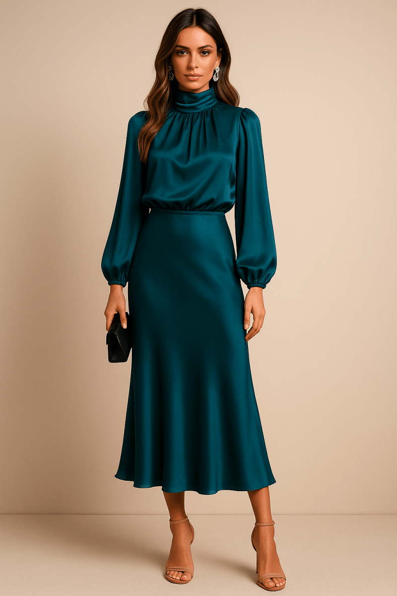 Women’s High Neck Midi Dress – Refined High-Waist Silhouette with Elegant Flow