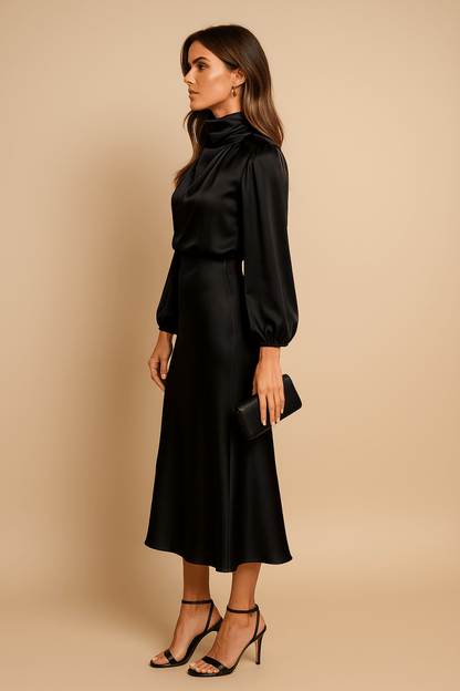 Women’s High Neck Midi Dress – Refined High-Waist Silhouette with Elegant Flow