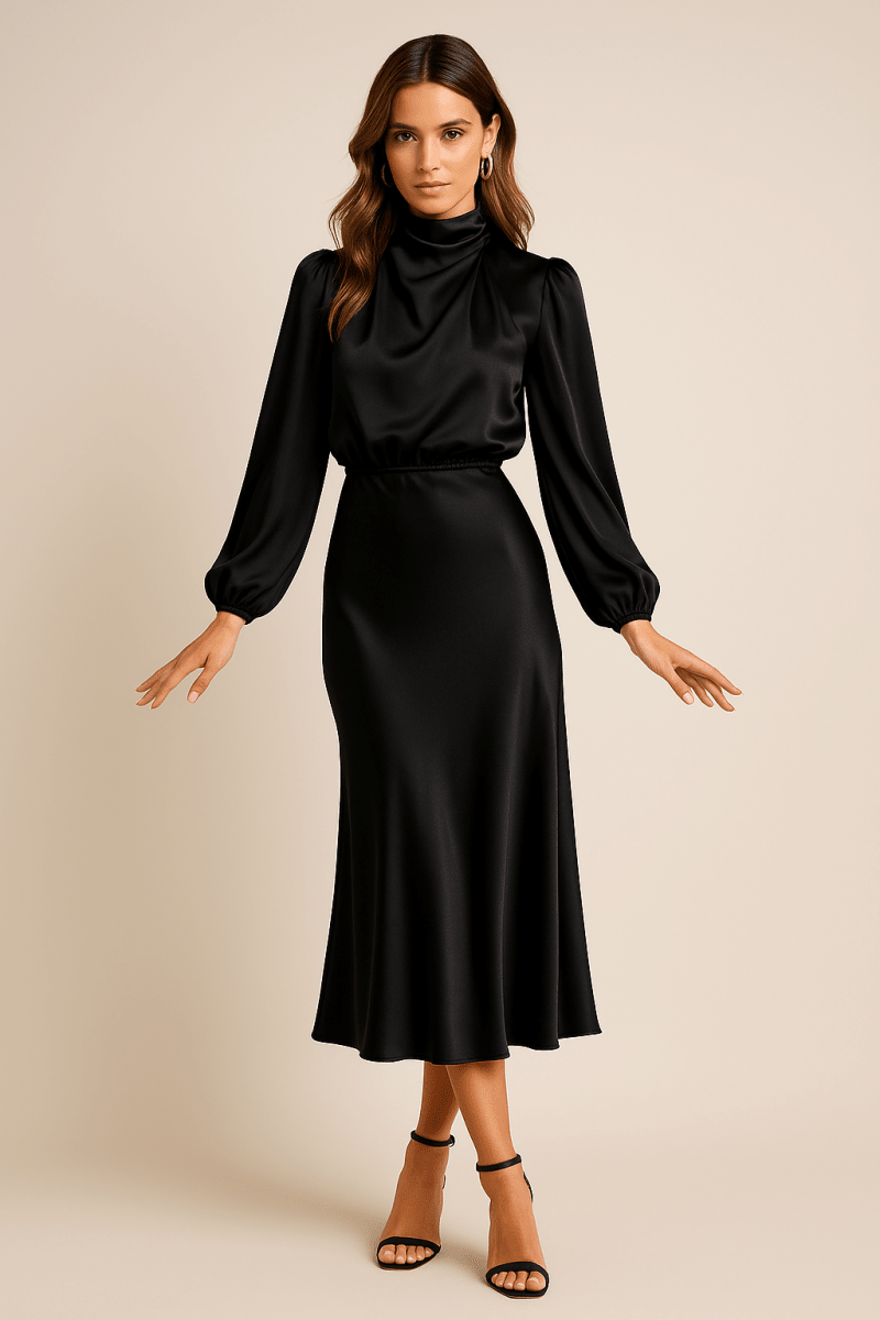 Women’s High Neck Midi Dress – Refined High-Waist Silhouette with Elegant Flow