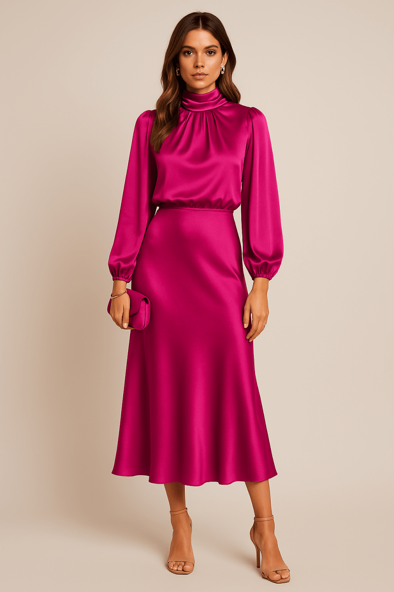 Women’s High Neck Midi Dress – Refined High-Waist Silhouette with Elegant Flow