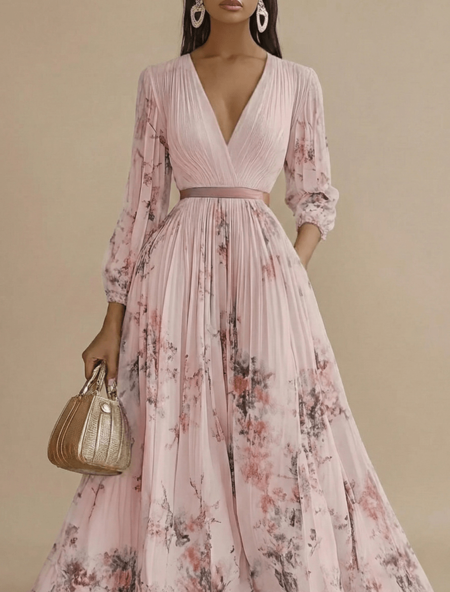 Women’s Pleated Maxi Dress with V-Neck and Long Sleeves