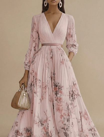 Women’s Pleated Maxi Dress with V-Neck and Long Sleeves