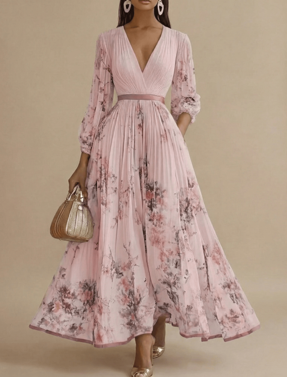 Women’s Pleated Maxi Dress with V-Neck and Long Sleeves