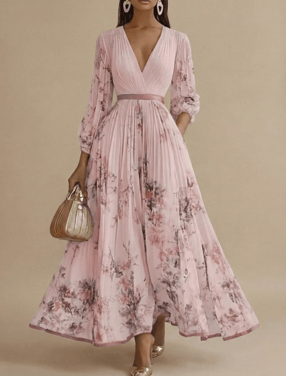 Women’s Pleated Maxi Dress with V-Neck and Long Sleeves