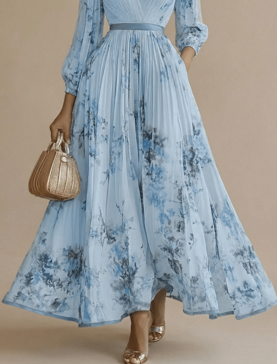 Women’s Pleated Maxi Dress with V-Neck and Long Sleeves