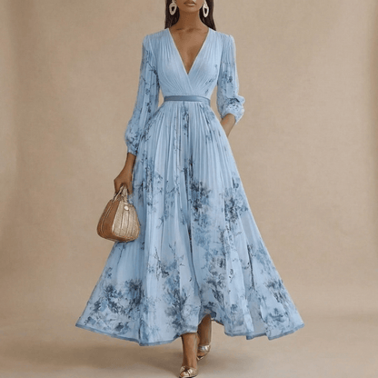 Women’s Pleated Maxi Dress with V-Neck and Long Sleeves