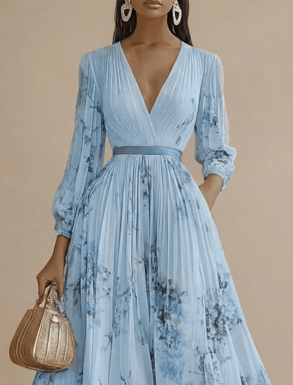 Women’s Pleated Maxi Dress with V-Neck and Long Sleeves