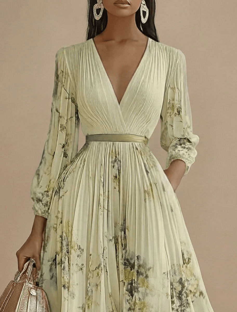 Women’s Pleated Maxi Dress with V-Neck and Long Sleeves