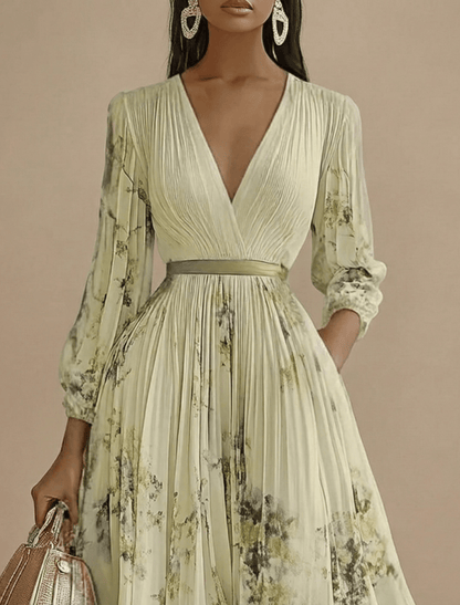 Women’s Pleated Maxi Dress with V-Neck and Long Sleeves